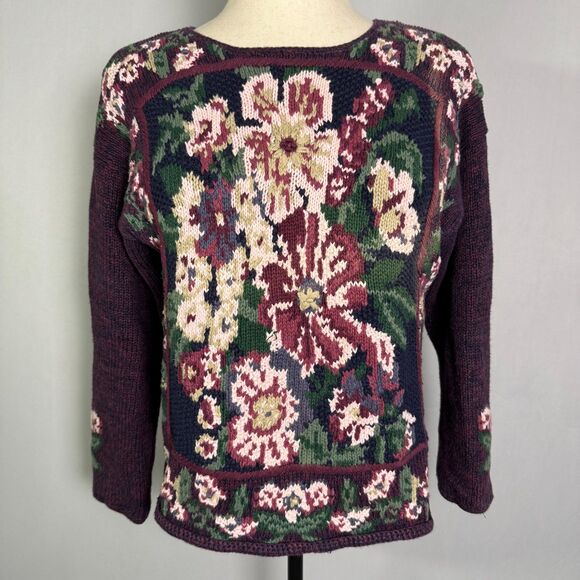 Vintage Maurices Sweater, Size Med, Hand Knitted, Purple & Pink Floral Pattern - Picture 2 of 12